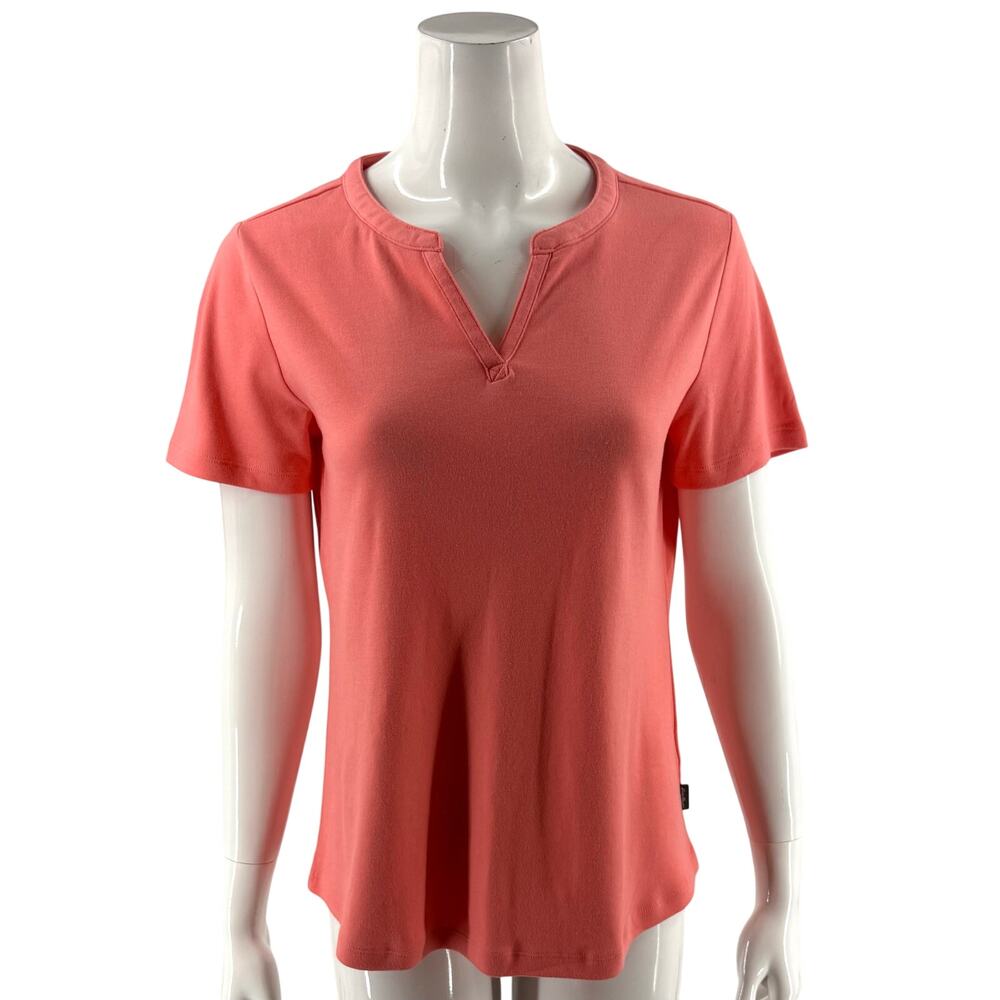Eddie Bauer Womens Top Size Small Neon Coral Pink Split Neck Pima Cotton Tee